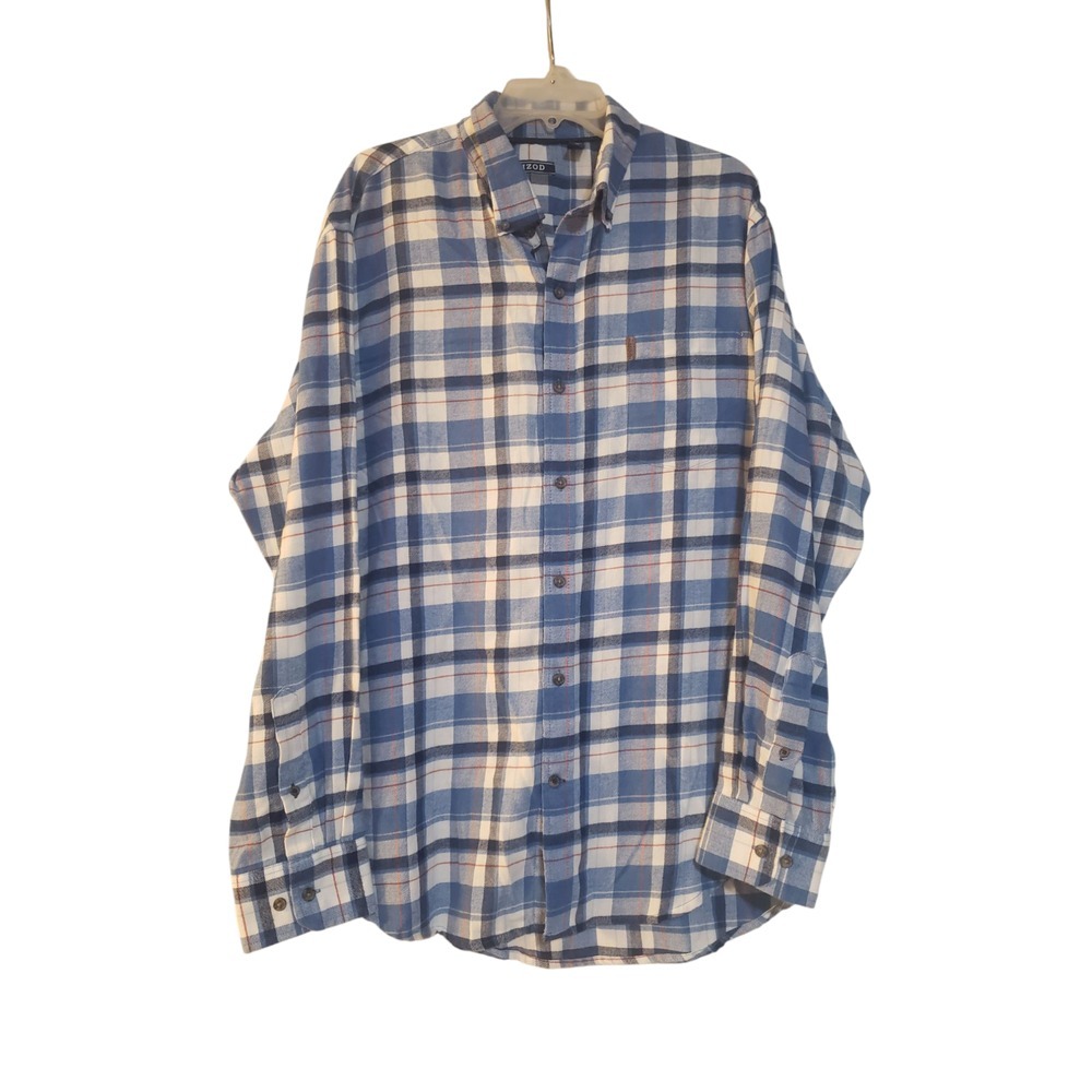 Izod Mens‎ Button Up Shirt Size XL Blue Plaid Cotton Regular Fit Long Sleeve